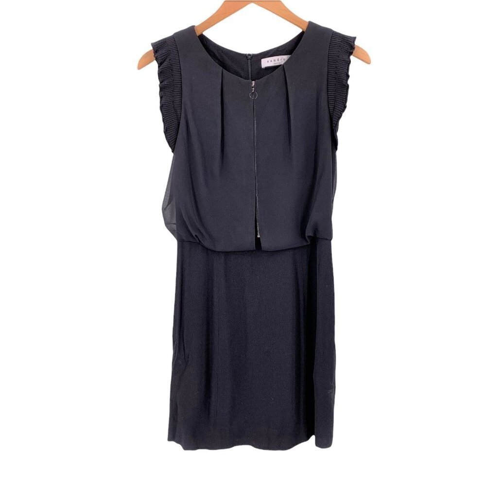 SANDRO Black Viscose Crepe Exposed Zipper Flutter Sleeve Dress Size 2 - Picture 2 of 7